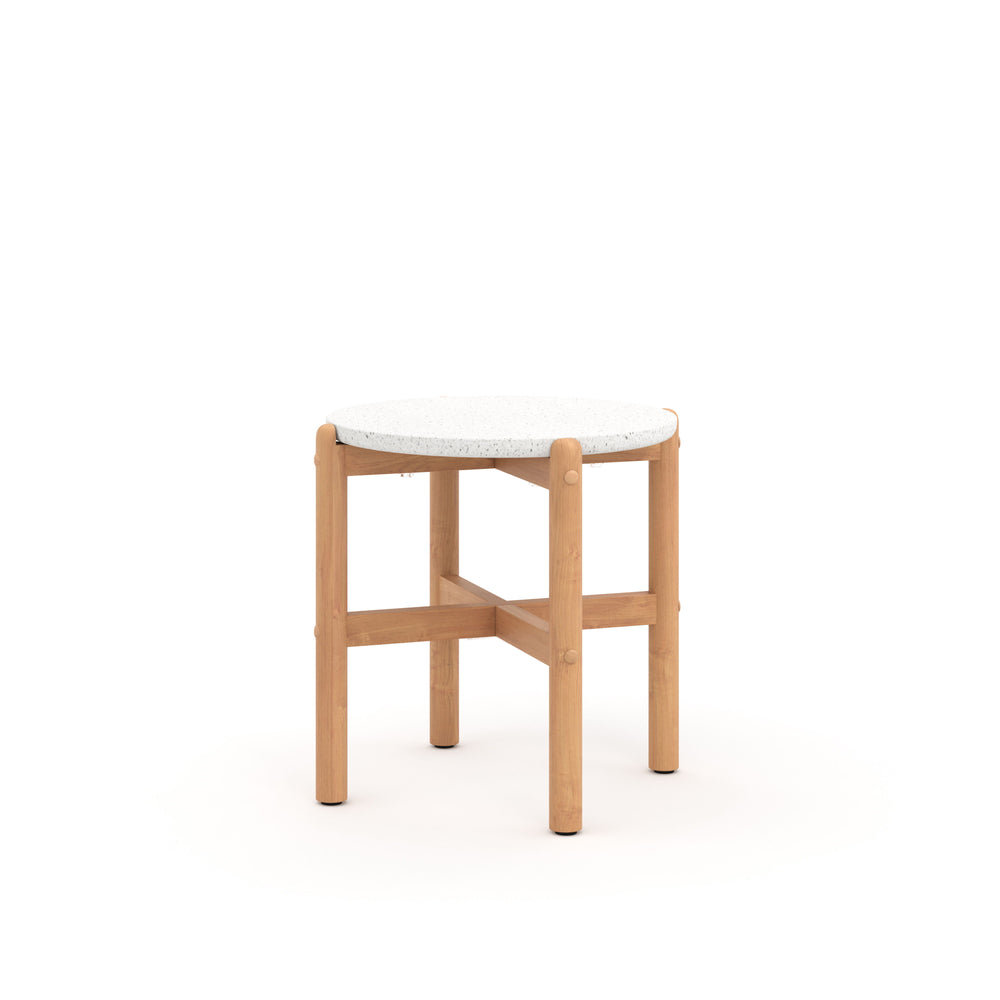 Introducing the Solstice Outdoor End Table with Terrazzo Top, a stunning addition to your outdoor living space. Crafted from FSC Certified Acacia Solid Wood, this side table is both durable and eco-friendly, promising years of enjoyment. The light, clear 