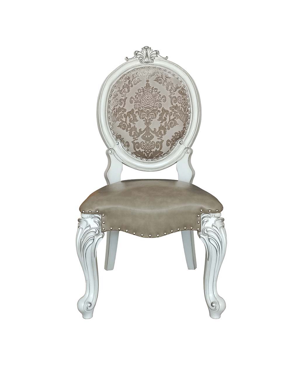 Irresistibly inviting, the Versailles collection displays the unrivaled beauty of the traditional dining. The dining table reflects highly decorative base with oversized scrolled feet, and the upholstered and tapestried chairs with deep button tufted and 