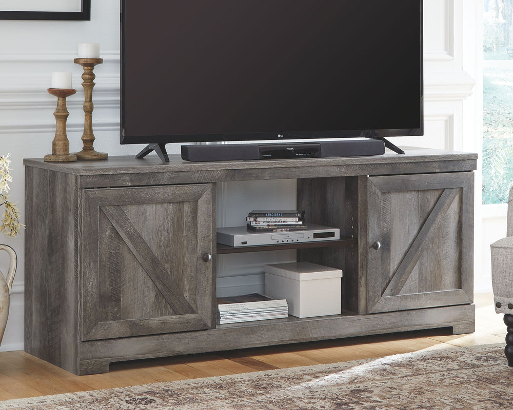 This TV stand with fireplace option is sure to win your heart with its daring designer take on modern rustic. The standâ€™s crisp, clean and minimalist-chic profile is enriched with a striking replicated oak grain with thick plank styling and a weathered 