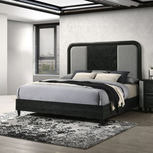 The Skyline Bed in Onyx fuses bold design with durability. Built from solid Rubberwood, engineered woods, and Ash Wood veneers, it withstands the test of time while exuding sophistication. The Onyx Black finish with gray glazing highlights the rich wood g