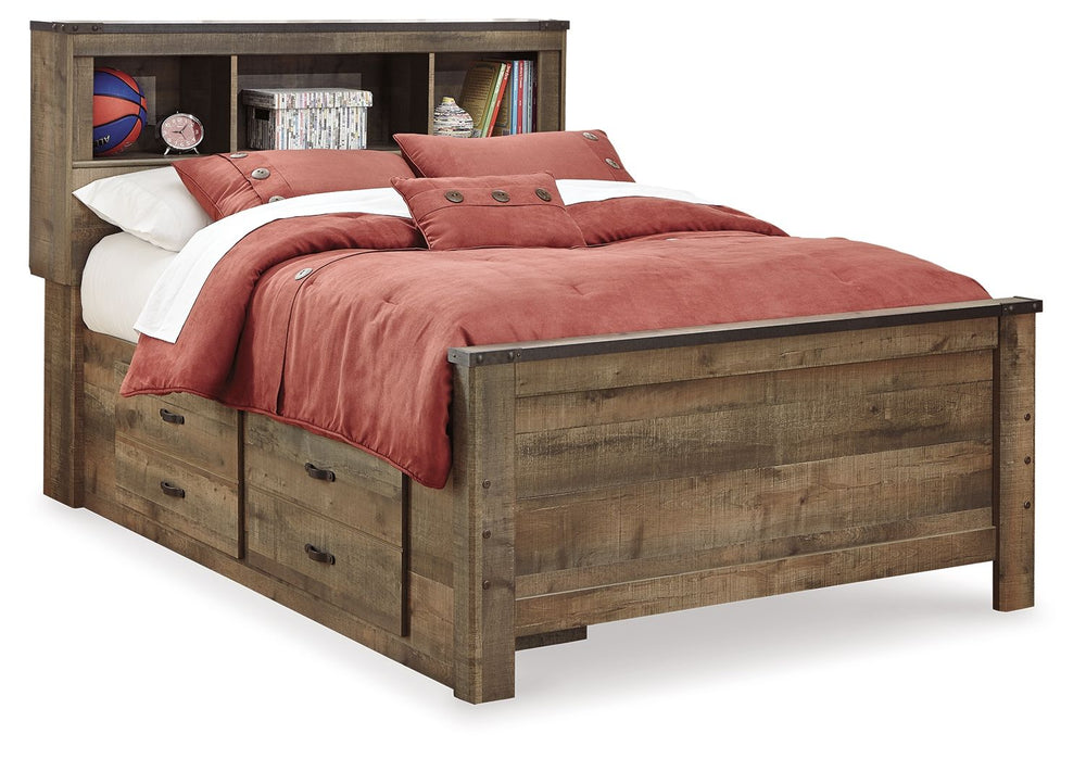 Whether she loves horses or he-'s a cowboy at heart, this full bookcase bed with two-sided storage matches their authenticity. Its rustic finish, plank-style details and nailhead trim pay homage to reclaimed barn wood, making for a chic look loaded with c