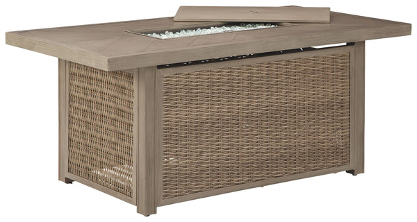  this fire pit table elevates the art of alfresco living. Its chic chevron-patterned top is paired with all-weather resin wicker over rust-proof aluminum for beauty and brawn. A stainless steel burne