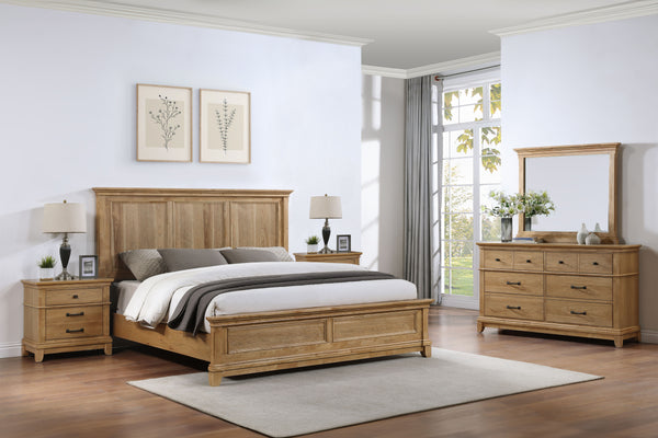The Sunstone 5 Piece Wood Bedroom Set in Honey Brown includes a Panel Bed, dresser, mirror, and two nightstands, all crafted with durable, quality construction using solid rubberwood, manufactured woods, and hickory wood veneers. This collection showcases