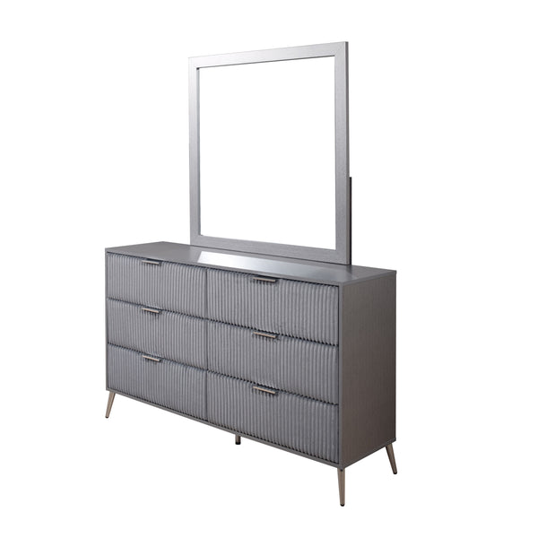 The Kailani 2 Piece Dresser and Mirror Set in elegant gray is a perfect blend of modern design, durability, and functionality, making it an attractive addition to any bedroom. This set includes a dresser and a mirror, both crafted from a mix of solid rubb