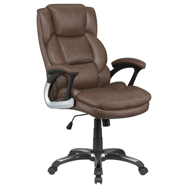 Perfect for a home office, this office chair features plush seating and headrest for working long hours. Wrapped in a supple leatherette, this chair also offers ergonomic design with curved, padded armrests. Get around the office easily with five chrome c