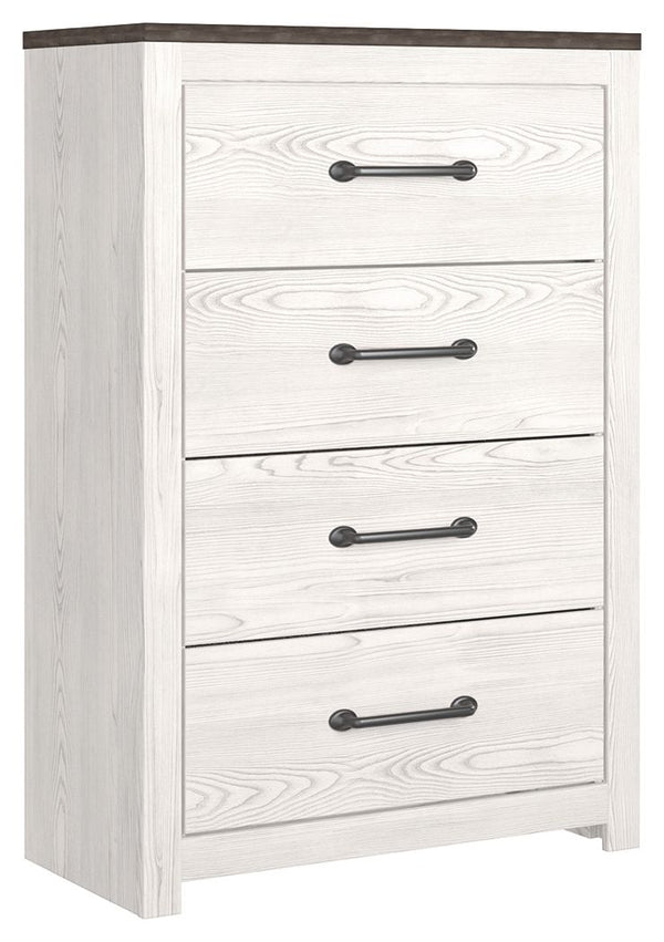 Cool, clean and casually modern. This chestâ€™s wispy whitewash and gray finish sets the tone for your calming sanctuary. Large linear pulls add dimension and authenticity. Four smooth-gliding drawers neatly accommodate your wardrobe needs.<br><br><b>Addi