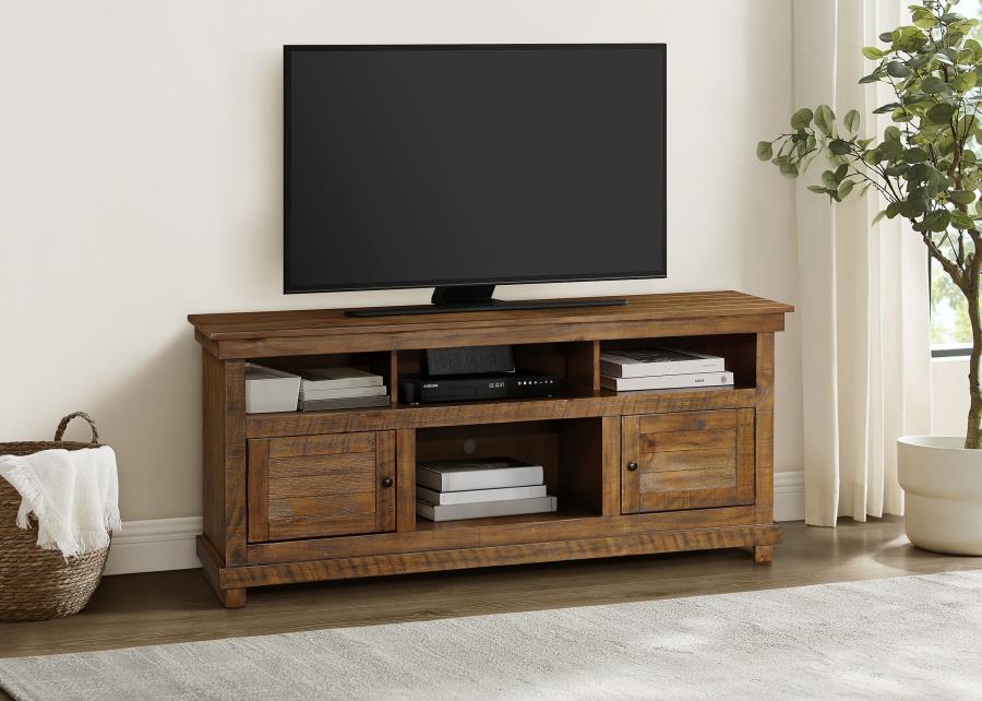 Complete a media center in your inviting home with a modern farmhouse TV stand. It-'s an approachable design with roughhewn wood details that create texture and dimensionality in your living space. Two shelves and 6 compartments create ample storage, perf