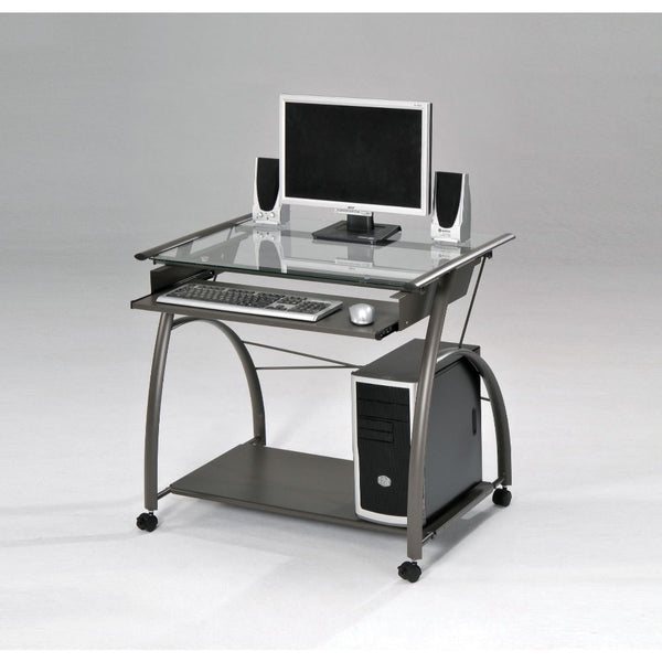  sleek and contemporary design. This workstation is crafted in metal pewter finish with clear glass top. Features pull-out metal keyboard tray and bottom metal shelf.<br/><br/><b>Product Features</b><ul><li>Rect