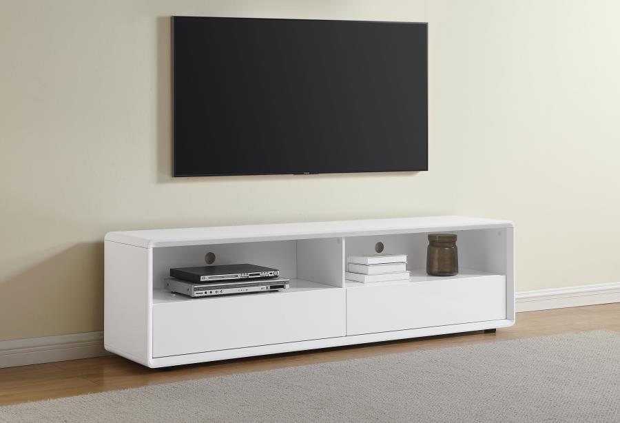 This sleek TV stand brings a crisp, modern look to the living room. Its 71-inch width can accommodate up to a 75-inch screen, creating an ideal media console for contemporary spaces. Crafted from engineered wood with a white high gloss lacquer finish, it 