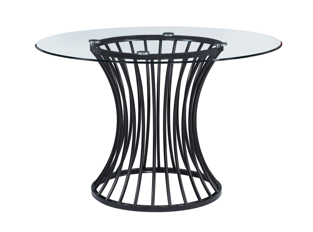 Bring contemporary elegance to your dining area with this stunning dining set, combining sleek design with timeless sophistication. The centerpiece is a striking glass-top table, featuring a sculptural black metal base that adds an artistic flair and a se