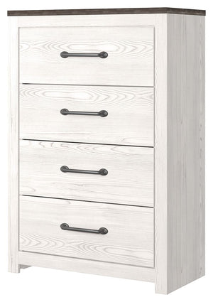  clean and casually modern. This chestâ€™s wispy whitewash and gray finish sets the tone for your calming sanctuary. Large linear pulls add dimension and authenticity. Four smooth-gliding drawers neatly accommodate your wardrobe needs.<br><br><b>Addi