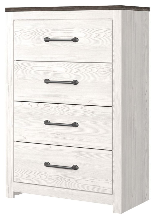  clean and casually modern. This chestâ€™s wispy whitewash and gray finish sets the tone for your calming sanctuary. Large linear pulls add dimension and authenticity. Four smooth-gliding drawers neatly accommodate your wardrobe needs.<br><br><b>Addi