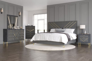 Transform your space with the Symmetry 5-Piece Bedroom Set - Gray. This set includes an upholstered panel bed, dresser, mirror, and two nightstands, blending luxury and function. Premium woods with a gray marble laminate exude elegance, while gold metal a
