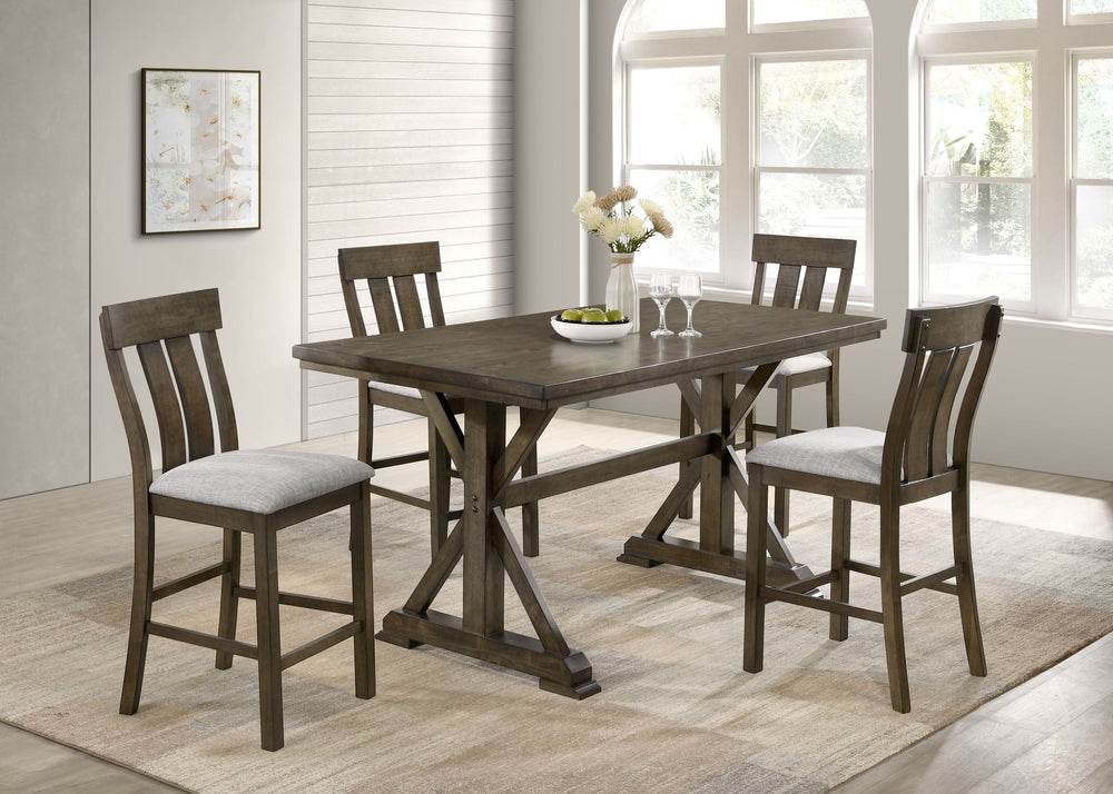 Elevate your dining experience with this beautifully crafted counter-height dining set, where rustic charm meets modern sophistication. Designed to bring warmth and style to any space, the sturdy table features a bold trestle base that exudes farmhouse ap