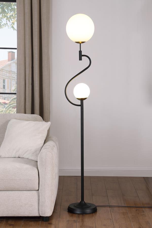 Bubbly personality infuses a modern two-light floor lamp. Perfect for a living area or den, it offers an eye-catching profile with two orb shades made from white glass. They-'re nestled in an S-curve framework to bring playful energy to your space. The li