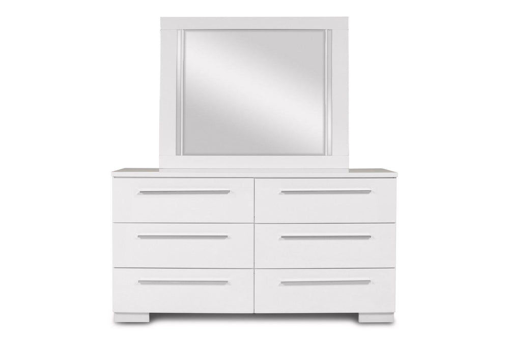 Complete your bedroom with the Sapphire Dresser Mirror in high gloss white. Expertly crafted from high-quality manufactured wood, this mirror features a flawlessly smooth, ripple-free surface and a glossy white laminate finish for a sleek, contemporary lo