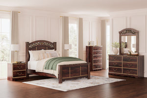 Timeless and classic, this bedroom set offers a grand design accented with rich hues and eye-catching details. Stately from every angle, its sophisticated elements blend together to display your love of traditional aesthetics. Glossy reddish/brown finish 