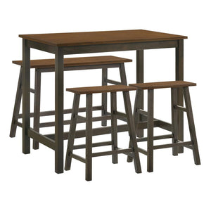  this country four-piece counter height table set gives off modern farmhouse vibes. A two-tone finish offers a subtle contrast and rustic-inspired design. A chestnut finish covers the 