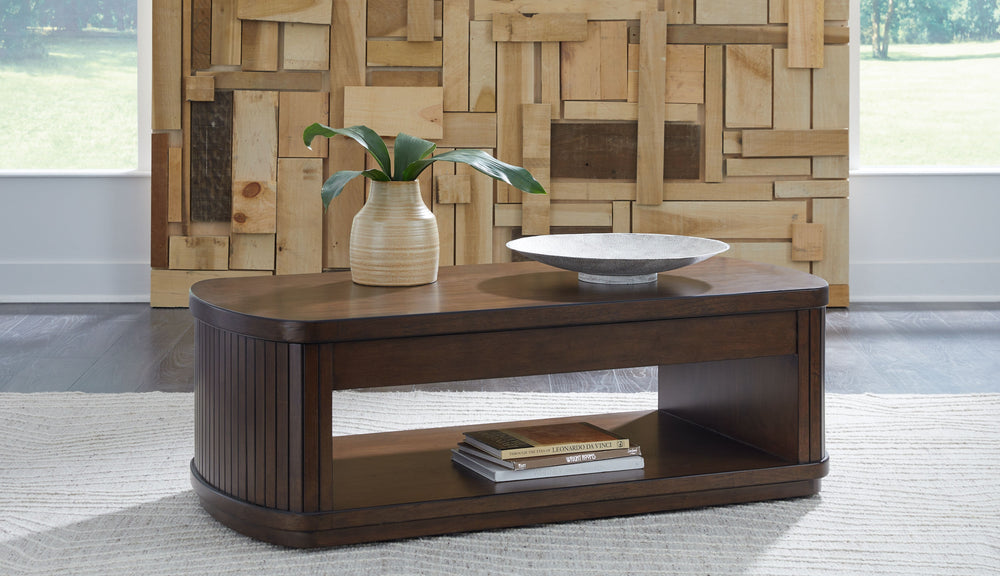This richly finished lift-top coffee table makes life easyâ€”in a casual, contemporary kinda way. The table-'s spacious lower shelf is ideal for displaying treasures, while two storage bins underneath the top are ideal for storing smaller items out of sig