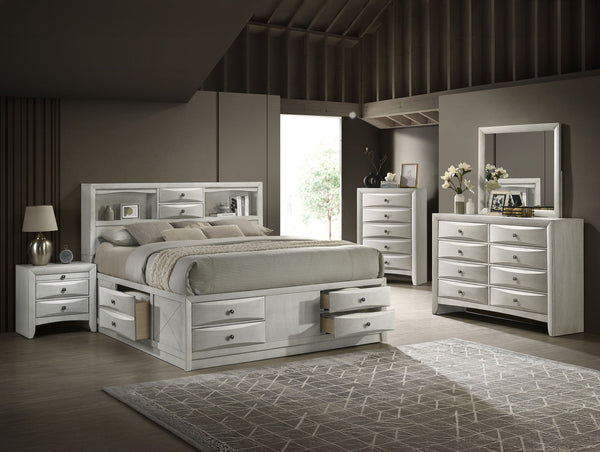 Optimize your bedroom with this innovative and stylish furniture collection, designed to blend modern functionality with sleek aesthetics. The centerpiece boasts a sophisticated headboard featuring built-in shelving and storage compartments, perfect for s