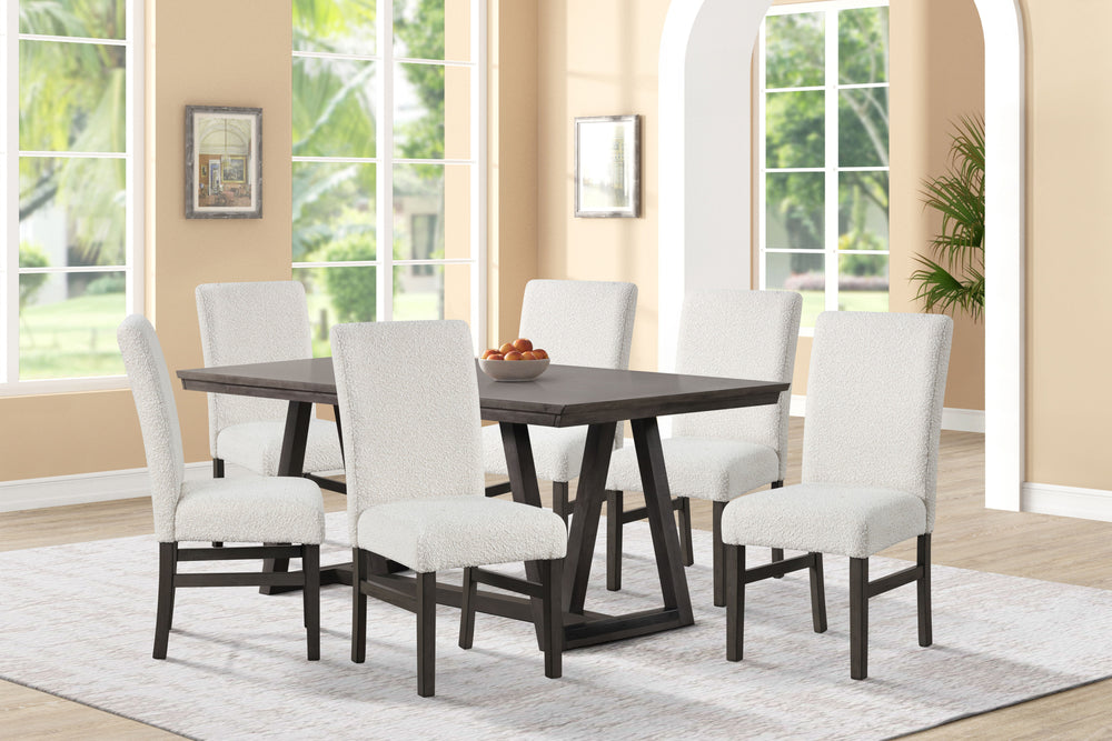 The High Line 7 Piece Dining Set is designed to enhance your dining space with its blend of durability, style, and comfort. This set includes a trestle dining table and six white upholstered side chairs, expertly crafted from solid Acacia and Rubberwood, 