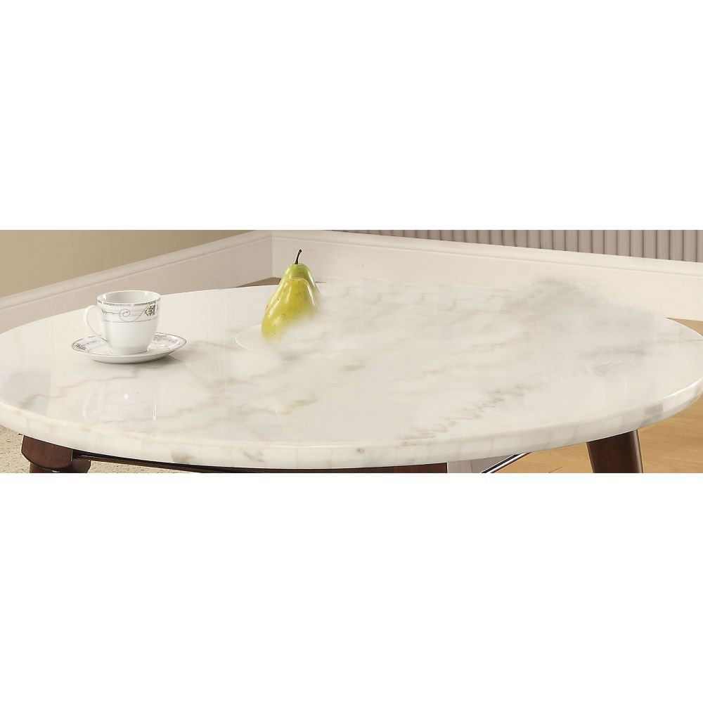KD, Round Coffee Table (NO Storage) â€¢ Marble Top: White â€¢ Wooden Tapered Leg: Walnut Finish â€¢<br/><br/><b>Product Features</b><ul><li>Round Leg Tables</li><li>White Marble Top</li><li>Wooden Tapered Leg</li><li>Gasha Collection: 72820 Dining, 82890 