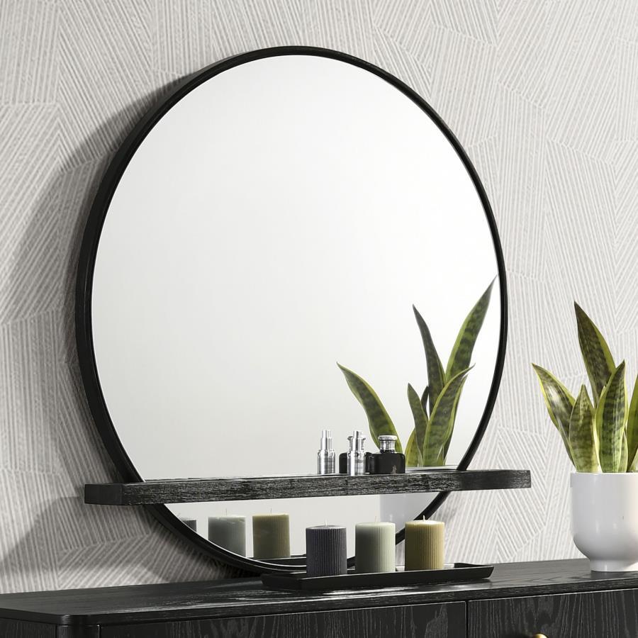 Complete your bedroom or dressing area with a modern round wall mirror. Great over your dresser or alone, the mirror features a crisp black frame finish. Its round profile includes flat glass, with a jewelry tray built in. The tray crosses horizontally lo