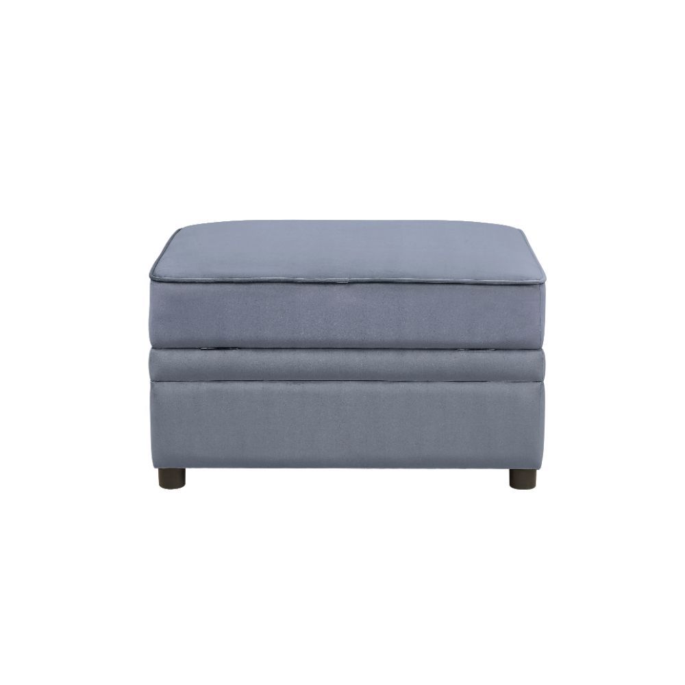 Rectangular Ottoman w/Storage (Backless) â€¢ Storage: Lift Lid-Seat (Safety Hinge) â€¢ Padded Seat/Base â€¢ Construction: Inside Frame Wood, Foam, Box Seat Cushion w/Welt Trim, Seat Cushion: 7 Inches H â€¢ Material: Gray Velvet (Solid Pattern) â€¢ Plastic