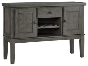 Cool and on-trend. This versatile server sports an antiqued gray color for a contemporary-yet-casual feel. The server features two cabinets, a smooth-gliding drawer and an open cubby with a wine rack, making it a breeze to clear away clutter and expand yo