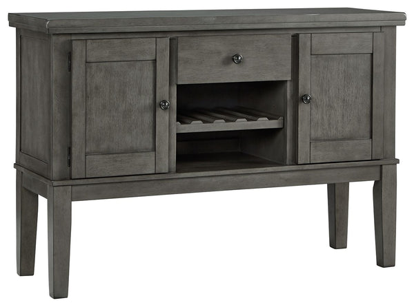 Cool and on-trend. This versatile server sports an antiqued gray color for a contemporary-yet-casual feel. The server features two cabinets, a smooth-gliding drawer and an open cubby with a wine rack, making it a breeze to clear away clutter and expand yo