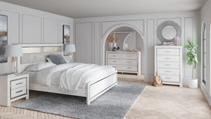 Altyra - 8 piezas - Cómoda, espejo, sinfonier, cama de panel con estantería Queen, 2 mesitas de noche - Blanco