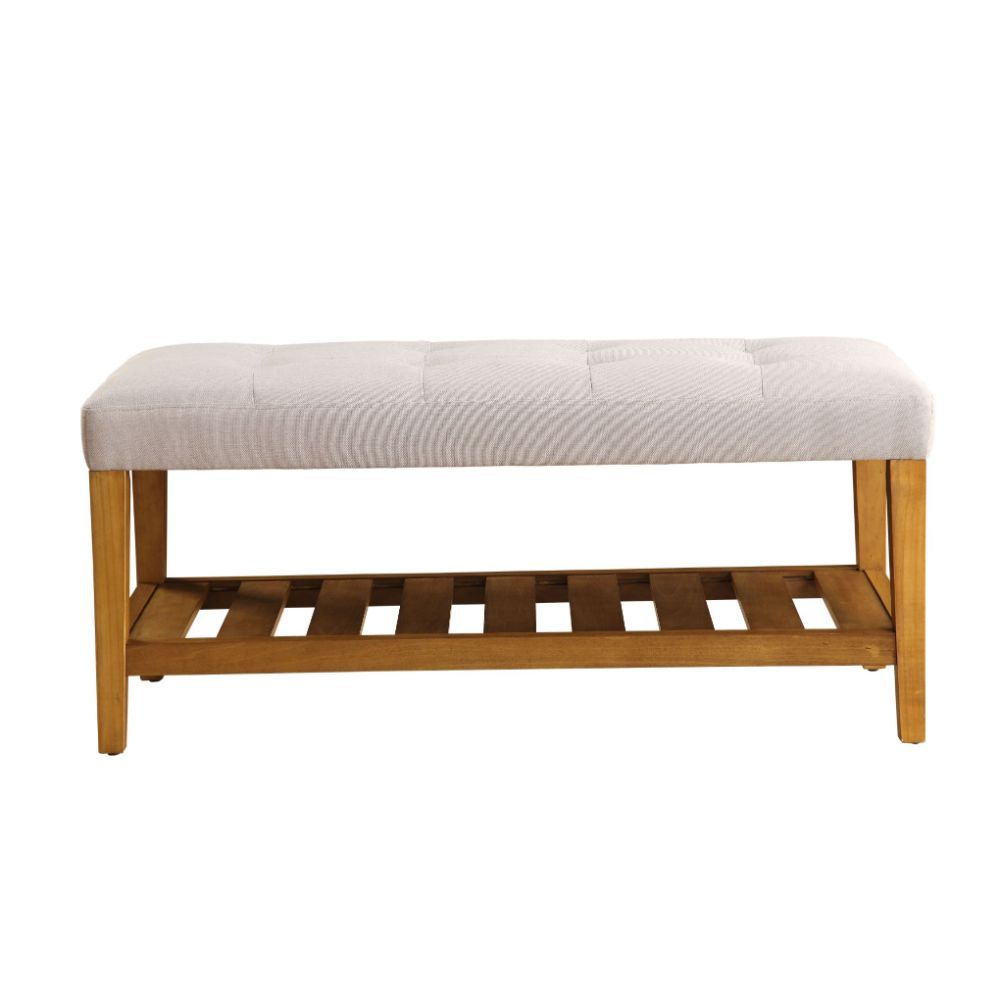 Simplistic lines pulling from the craftsman era and tapered legs to add some style, the Charla bench with button tufted full box seat can easily compliment any home styling Decor. The added width of the bottom slats serves as a function shelf. There are 4
