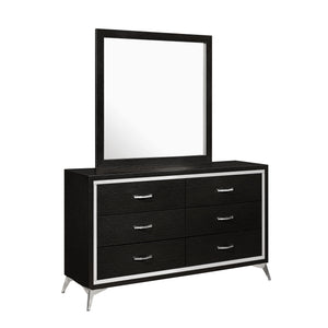 The Huxley 6-Drawer Dresser in Black offers a perfect blend of contemporary glam and durable craftsmanship for your bedroom. This dresser is meticulously crafted from manufactured woods and eco-friendly decorative laminate, ensuring it will last for years