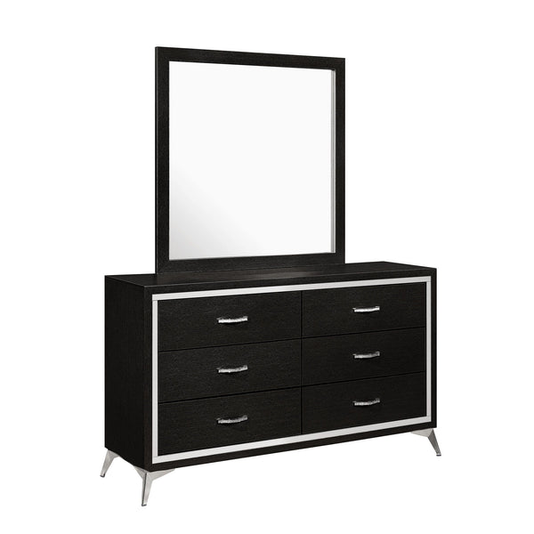 The Huxley 6-Drawer Dresser in Black offers a perfect blend of contemporary glam and durable craftsmanship for your bedroom. This dresser is meticulously crafted from manufactured woods and eco-friendly decorative laminate, ensuring it will last for years
