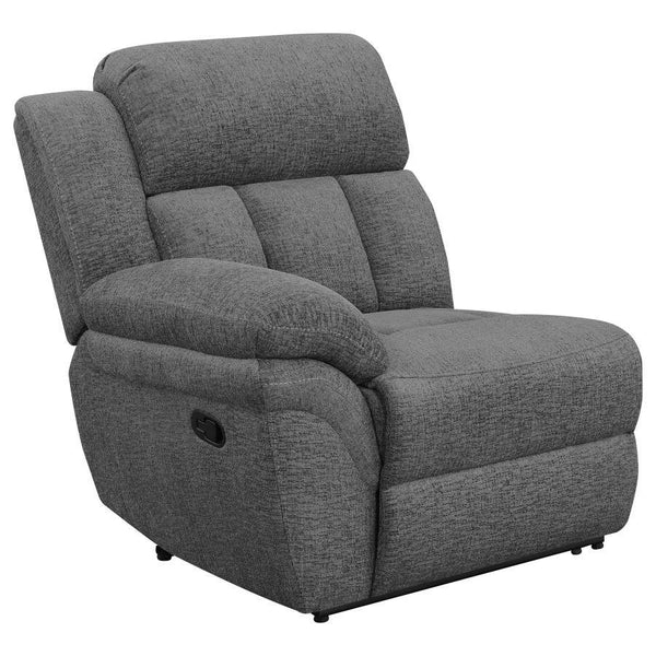 Design a living room built for comfort and relaxation around this transitional reclining sofa. Offering dual recliners operated with a side pull lever, the sofa encourages rest and rejuvenation in inviting style. Charcoal upholstery delivers a smooth, sof