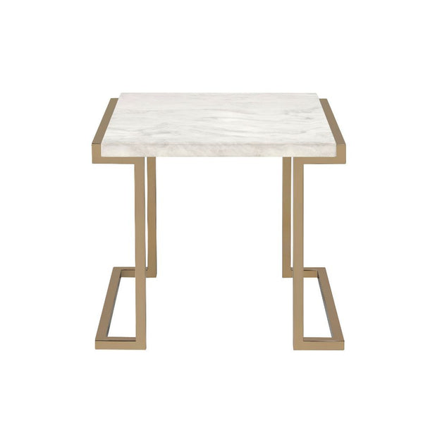  with faux marble top and champagne finish metal base. The modern lines of the base with its open return base and simple form top