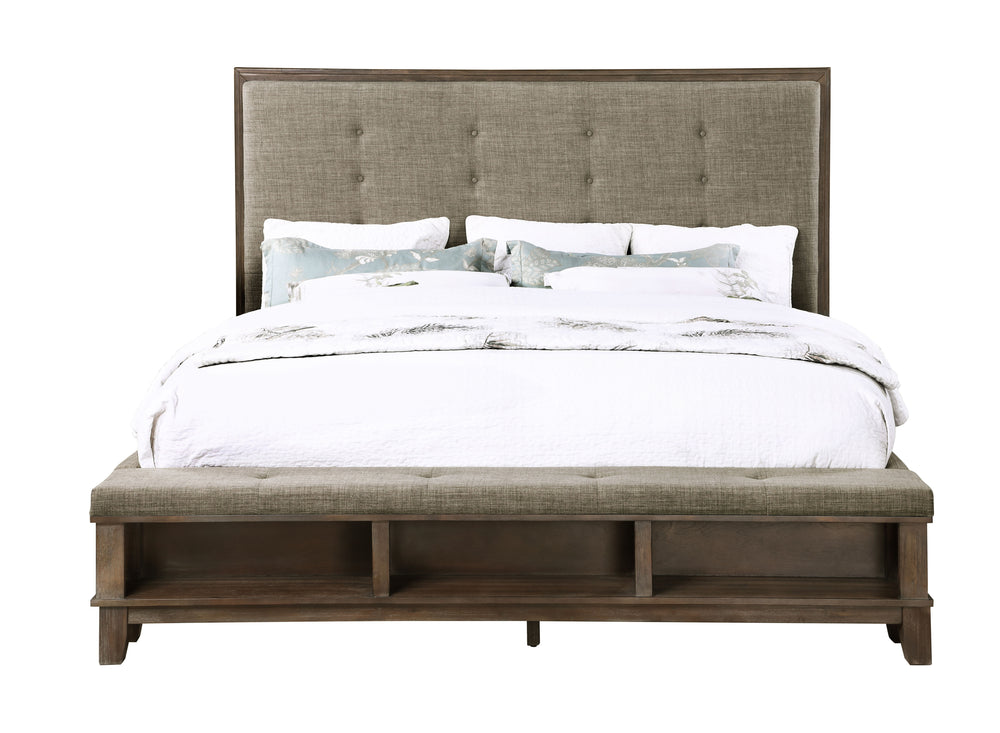 The Cagney Storage Bed in Vintage Gray is a perfect fusion of durability, timeless charm, and practical design, making it an exceptional centerpiece for any bedroom. This meticulously crafted bed includes a button-tufted upholstered panel headboard, a ben