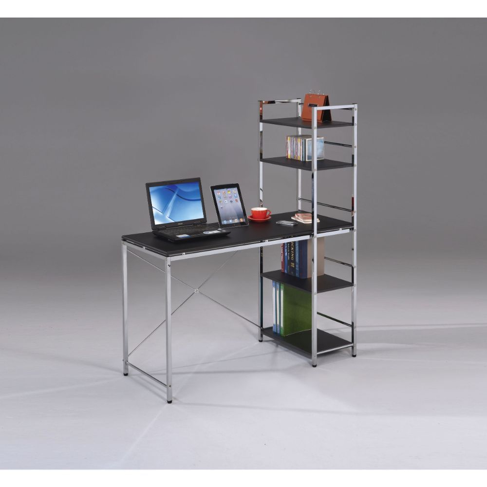 Elvis Chrome plated computer desk is a contemporary addition to your workspace. This desk has a black finish with chrome base, and with its built in book case for storing your books, CDs, and other necessities, this desk is sure to upgrade any room. One s