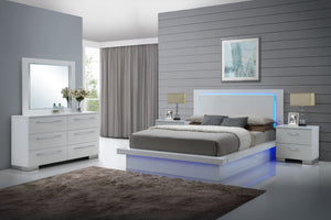 Elevate your bedroom with the Sapphire Modern 5-Piece Bedroom Set in high gloss white. This stunning set includes a lighted panel bed, dresser, mirror, and two nightstands, all crafted from premium manufactured wood with a flawlessly smooth, ripple-free s