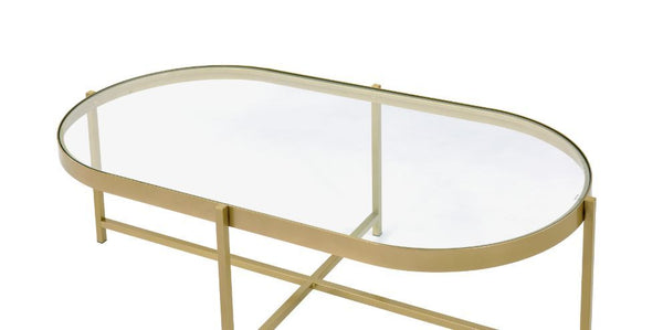  spacious table top space. The lustrous gold finish showcases it-'s cross metal base and metal trim for a clean-line