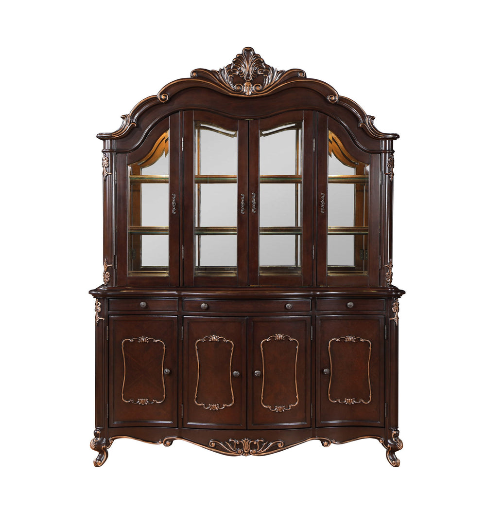 The Royal Classics Constantine 2-Piece China Buffet and Hutch Set in cherry is a stunning blend of heirloom craftsmanship and practical design, making it an elegant addition to any dining space. This set includes a china buffet base and a hutch top, both 