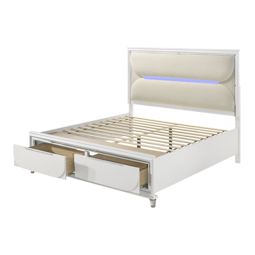 Modern & Elegant Design, Large Capacity Storage: 2 Storage Drawers Comfortable & Relaxing: LED Light & Boucle Padded Headboard to create a relaxing & comfortable night., Durable & Long-Lasting Structure: Solid Wood & Composite Wood, Texture Increased Desi