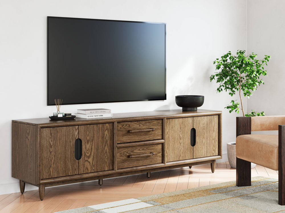 Introducing a TV stand inspired by the architectural language of mid-century expression. Its spacious cabinets and drawers provide ample storage, while a sleek design allows the natural beauty of the wood to shine through. Ready for a cinematic experience