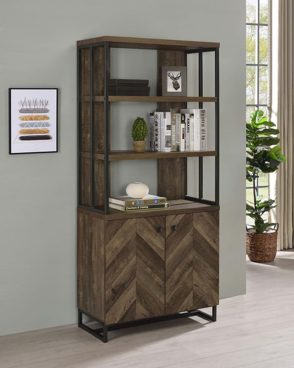  this bookcase is perfect for storing your home library collection. Designed with a rustic oak finish and a diagonal-like herringbone pattern that catches the eye. Accented by a slim and sturdy heavy gauge steel frame in a gunmetal po