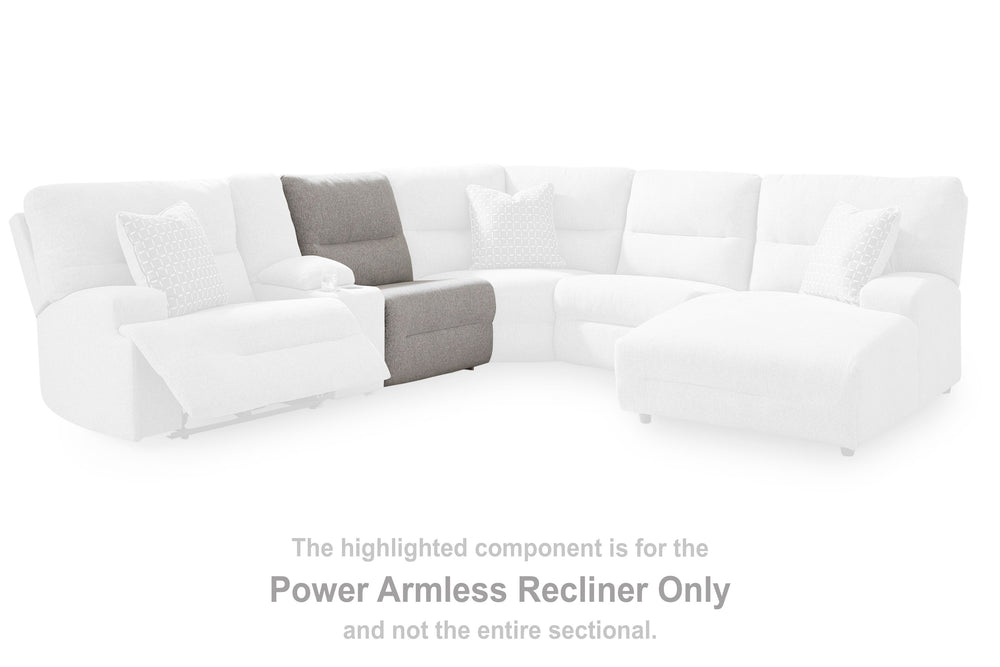 This power armless recliner is made with Next-Gen Nuvellaâ„¢ (polyester) upholstery. Pairs with other items in the series to make a sectional.<br><br><b>Additional Dimensions</b><br><ul><li>Seat depth: 23-"</li><li>Seat height: 20-"</li><li>Fully reclined