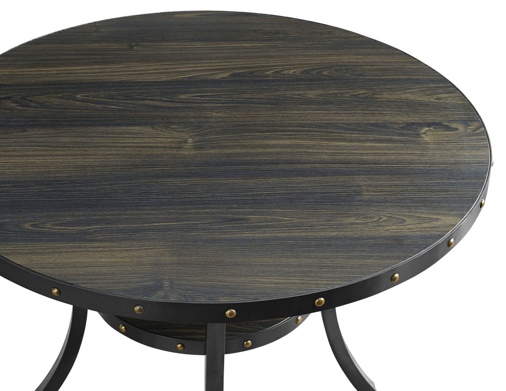 The Crispin Counter Dining Table features a 48" round table top that easily accommodates 4 person seating. It is crafted of solid wood and manufactured wood and features a scratch, water and heat resistant melamine top. Study metal legs that add character