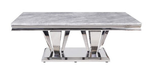 Satinka - Mesa de Centro - Tapa de Mármol Sintético Impreso Gris Claro y Espejo Plateado