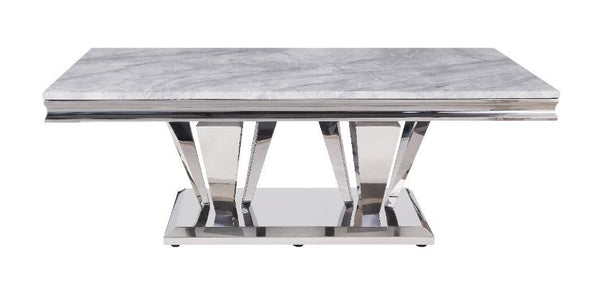 Satinka - Mesa de Centro - Tapa de Mármol Sintético Impreso Gris Claro y Espejo Plateado
