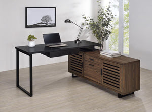  with a black finished workspace and drawer on one side and a storage credenza on the other. The credenza off