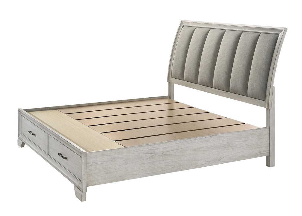 This bedroom set offers a sleek and stylish update to any space, featuring a white mist finish that commands attention while maintaining a sense of warmth and coziness. The bed stands as the stunning centerpiece, with its high, padded headboard upholstere